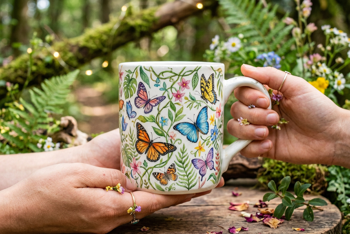 Tasse Papillons & Lianes illustration aquarelle féerique
