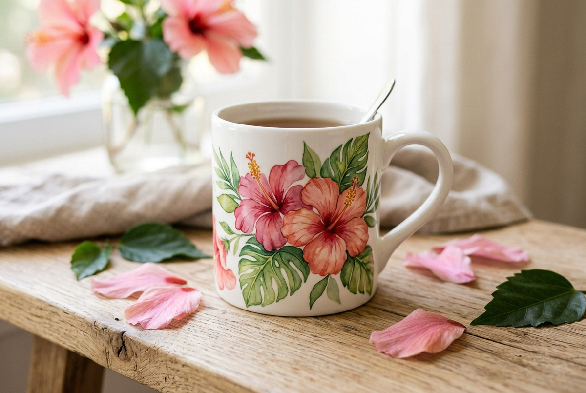Tasse Hibiscus Rose illustration aquarelle tropicale