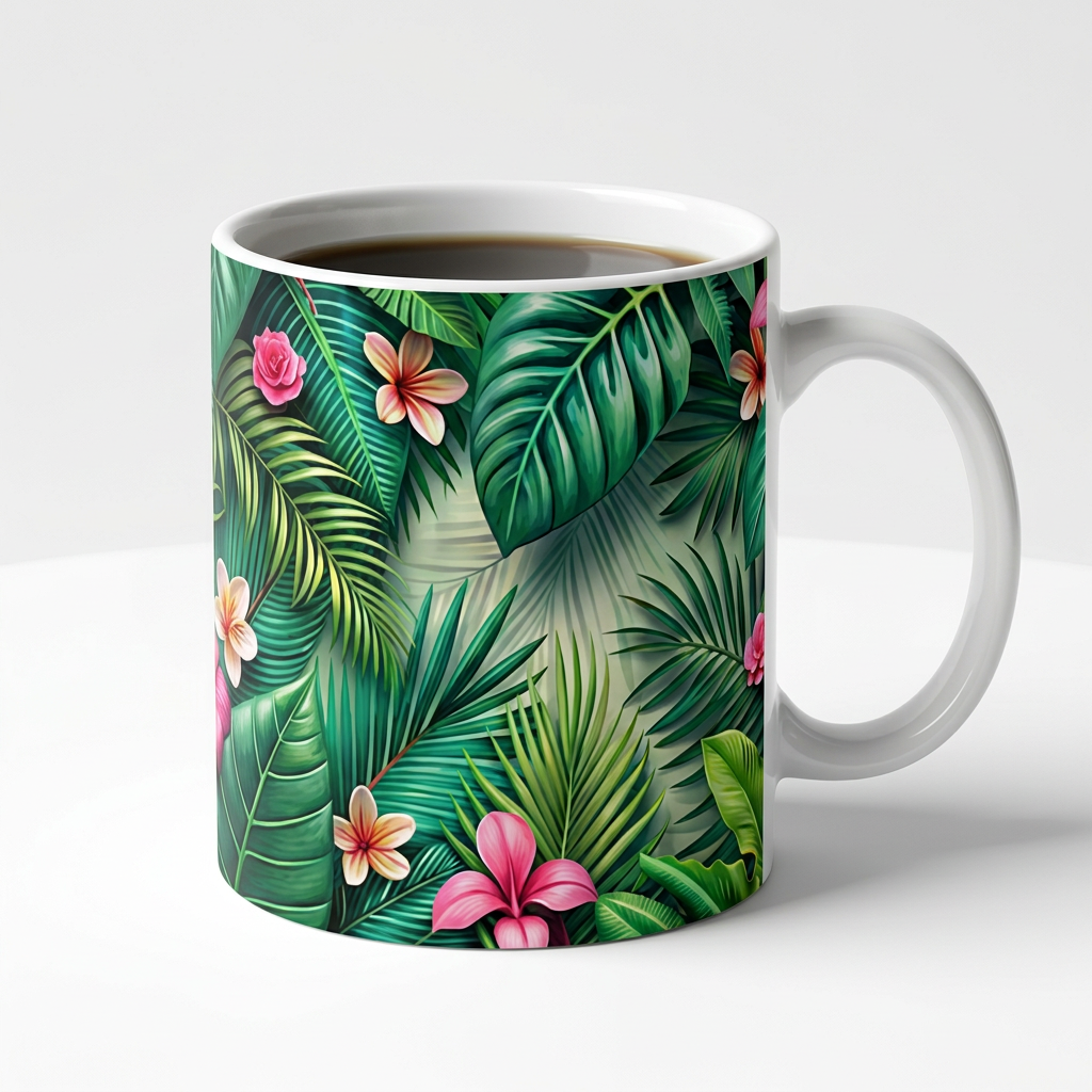 Tasse céramique jungle fleurie avec fleurs tropicales roses et blanches