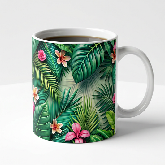 Tasse céramique jungle fleurie avec fleurs tropicales roses et blanches