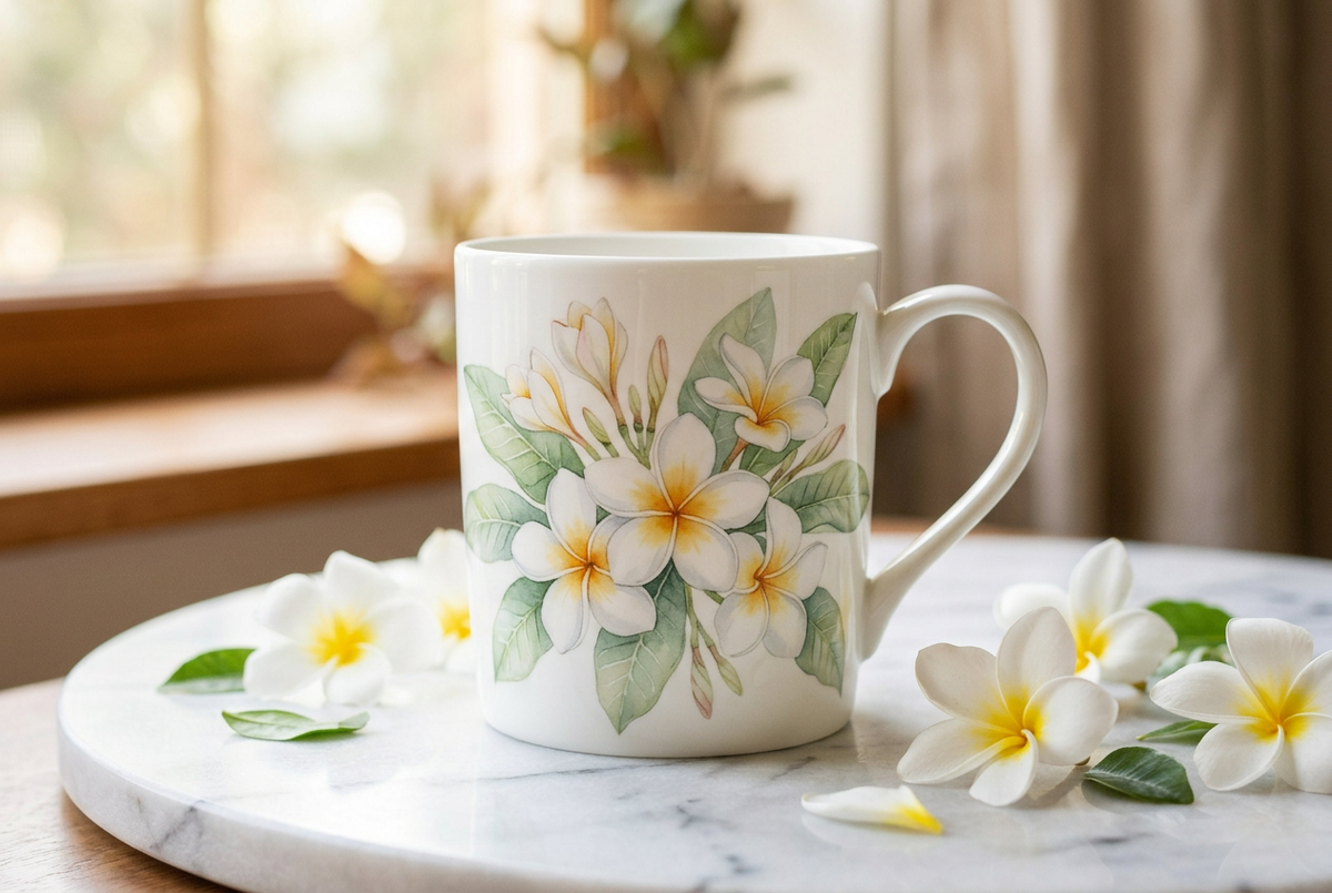 Tasse Frangipanier Blanc illustration aquarelle tropicale
